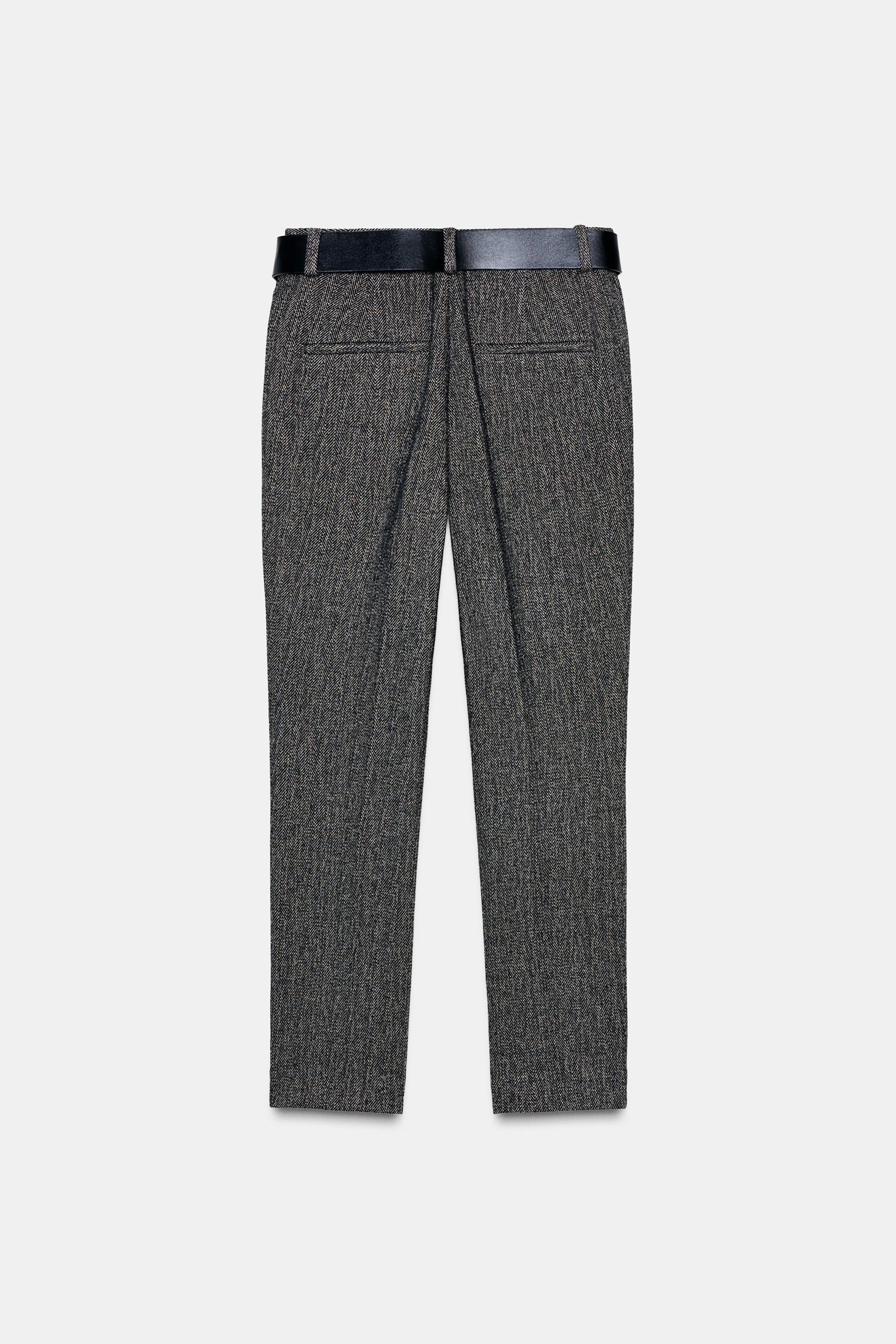 HERRINGBONE BELTED PANTS